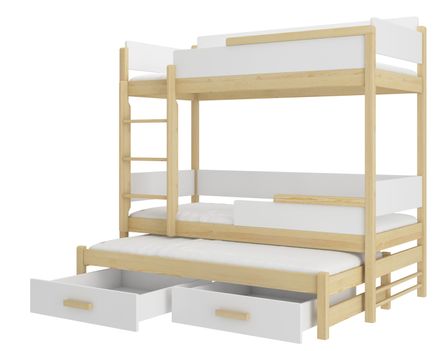 Lit superposé 3 places 90x200 cm KINZEY - 2 tiroirs de rangement et 3 sommiers