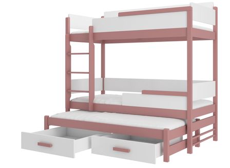 Lit superposé 3 places 90x200 cm KINZEY - 2 tiroirs de rangement et 3 sommiers