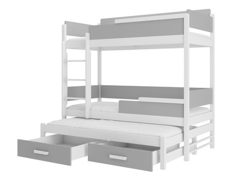 Lit superposé 3 places 90x200 cm KINZEY - 2 tiroirs de rangement et 3 sommiers