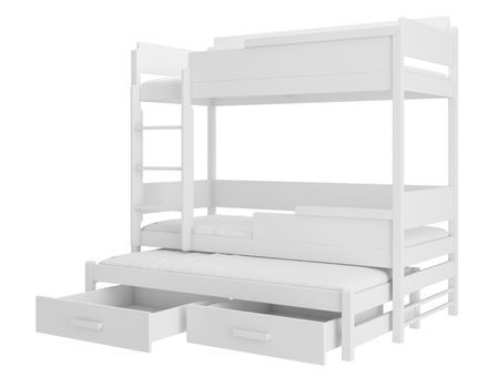 Lit superposé 3 places 90x200 cm KINZEY - 2 tiroirs de rangement et 3 sommiers