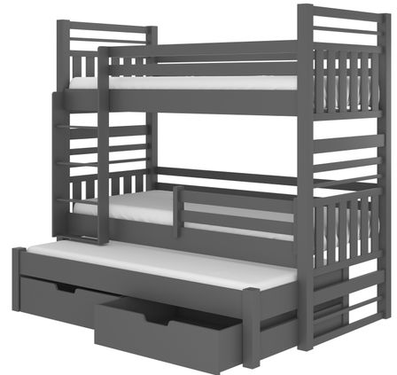 Lit superposé 3 places 90x200 cm NIKO - 2 tiroirs de rangement et 3 sommiers