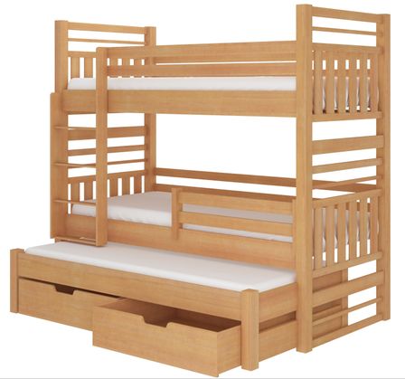 Lit superposé 3 places 90x200 cm NIKO - 2 tiroirs de rangement et 3 sommiers