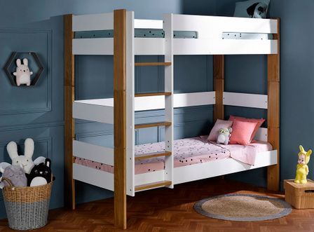 Lit superposé 90x190 cm blanc et hêtre massif clair Scandi