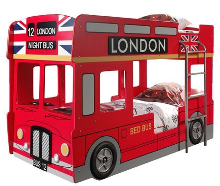 Lit superposé Bus Londonien 90x200 cm – Rouge – Sommiers inclus