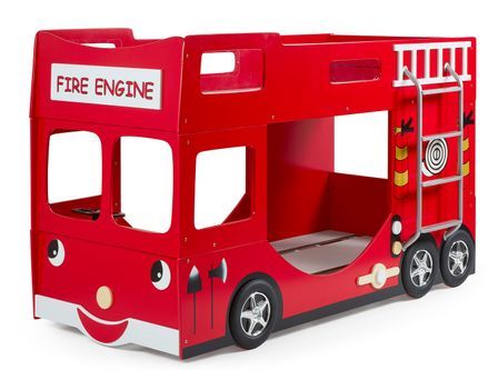 Lit superposé camion de pompier FIRE 90x200 cm – Bois laqué rouge – Sommiers inclus