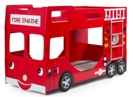 Lit superposé camion de pompier FIRE 90x200 cm – Bois laqué rouge – Sommiers inclus