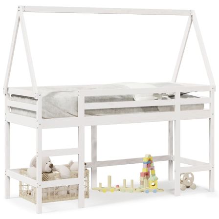 Lit superposé et échelle et toit blanc 90x200cm bois pin massif
