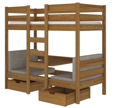 Lit superposé mezzanine SULTA 3-en-1– Avec 2 couchages, 2 fauteuils et rangements