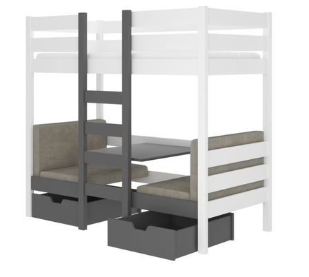 Lit superposé mezzanine SULTA 3-en-1– Avec 2 couchages, 2 fauteuils et rangements