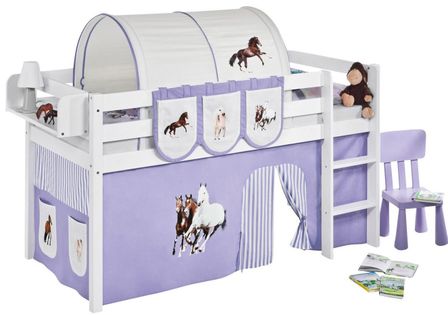 Lit surélevé Blanc Laqué Rideau Chevaux lilas