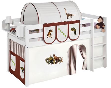 Lit surélevé Blanc Laqué Rideau Dinosaures 90x190cm