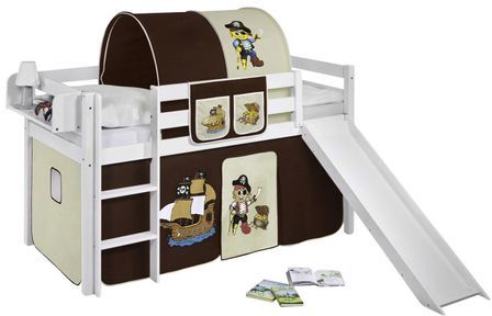 Lit surélevé Blanc Laqué - Rideau Pirate marron et Toboggan