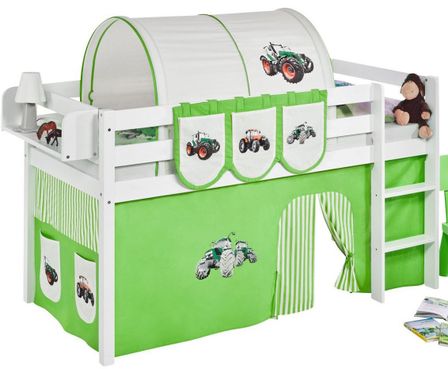 Lit surélevé Blanc Laqué Rideau Tracteur Vert