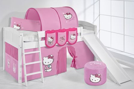 Lit surélevé Blanc Laqué Toboggan IDA - Rideau Hello Kitty