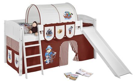 Lit surélevé Blanc Laqué Toboggan IDA - Rideau Pirate Marron