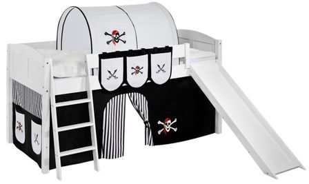 Lit surélevé Blanc Laqué Toboggan IDA- Rideau Pirate noir