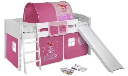 Lit surélevé Blanc Laqué Toboggan IDA - Rideau Rose Fée