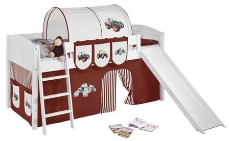 Lit surélevé Blanc Laqué Toboggan IDA - Rideau Tracteur Marron