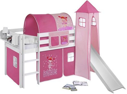 Lit surélevé Blanc Laqué Toboggan - Rideau et Tour Fée rose