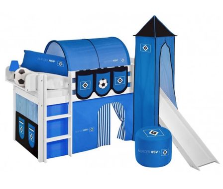 Lit surélevé blanc laqué toboggan Rideau et Tour Football 90x190cm