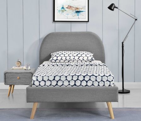 Lit tissu gris clair et pieds bois massif clair Boni 90x190 cm