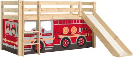 Lit toboggan 90x200 cm avec tente camion pompier pin massif clair Pino