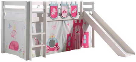 Lit toboggan 90x200 cm avec tente et 3 pochettes princesse pin massif blanc Pino