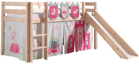 Lit toboggan 90x200 cm avec tente et 3 pochettes princesse pin massif clair Pino