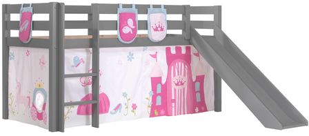 Lit toboggan 90x200 cm avec tente et 3 pochettes princesse pin massif gris Pino