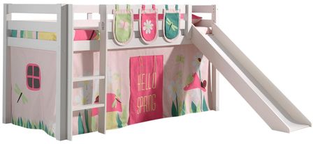 Lit toboggan 90x200 cm avec tente et 3 pochettes printemps pin massif blanc Pino