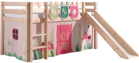 Lit toboggan 90x200 cm avec tente et 3 pochettes printemps pin massif clair Pino