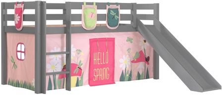 Lit toboggan 90x200 cm avec tente et 3 pochettes printemps pin massif gris Pino