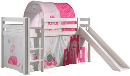 Lit toboggan 90x200 cm avec tente et tunnel princesse pin massif blanc Pino