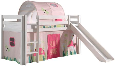 Lit toboggan 90x200 cm avec tente et tunnel printemps pin massif blanc Pino