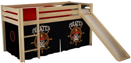 Lit toboggan 90x200 cm avec tente pirate noir pin massif clair Pino