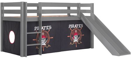 Lit toboggan 90x200 cm avec tente pirate noir pin massif gris Pino