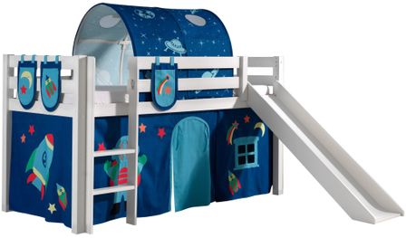Lit toboggan 90x200 cm avec tente tunnel et 3 pochettes astra pin massif blanc Pino