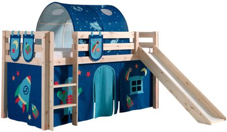 Lit toboggan 90x200 cm avec tente tunnel et 3 pochettes astra pin massif clair Pino