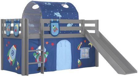 Lit toboggan 90x200 cm avec tente tunnel et 3 pochettes astra pin massif gris Pino