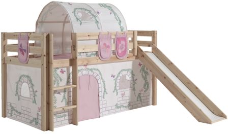 Lit toboggan 90x200 cm avec tente tunnel et 3 pochettes contra pin massif clair Pino