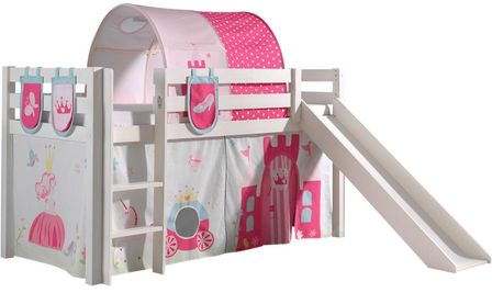Lit toboggan 90x200 cm avec tente tunnel et 3 pochettes princesse pin massif blanc Pino