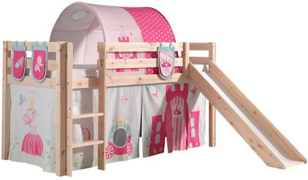 Lit toboggan 90x200 cm avec tente tunnel et 3 pochettes princesse pin massif clair Pino
