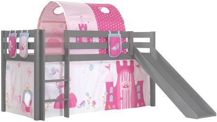 Lit toboggan 90x200 cm avec tente tunnel et 3 pochettes princesse pin massif gris Pino