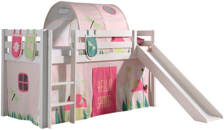 Lit toboggan 90x200 cm avec tente tunnel et 3 pochettes printemps pin massif blanc Pino