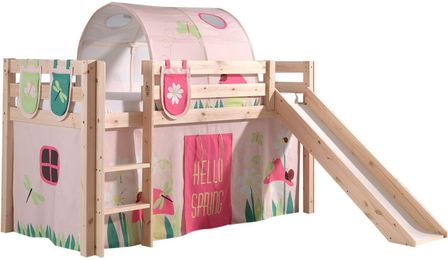 Lit toboggan 90x200 cm avec tente tunnel et 3 pochettes printemps pin massif clair Pino