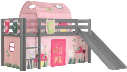 Lit toboggan 90x200 cm avec tente tunnel et 3 pochettes printemps pin massif gris Pino