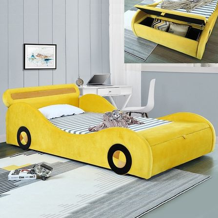 Lit voiture avec coffre tissu jaune Racer 90x190 cm