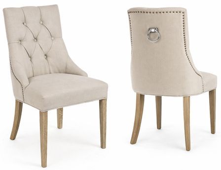 Lot de 2 chaises CALLY – Chêne beige & lin, dossier clouté avec poignée zinc
