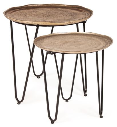 Lot de 2 tables basses rondes BRINA – Aluminium vieilli & acier noir