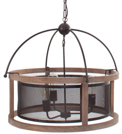 Lustre industriel métal noir et bois massif clair Joyka